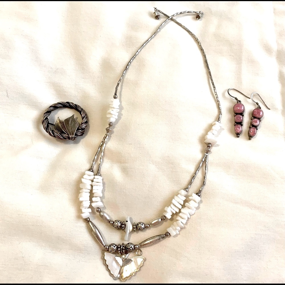 Jewelry Set 925 Silver MOP Butterfly Bird Necklace Rhodochrosite Earrings Brooch